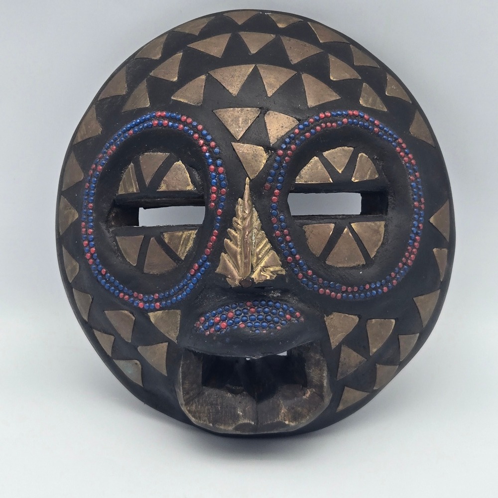 African Ashanti Baluba Tribal Mask Geometric Brass Inlay Beaded 7" Black Gold